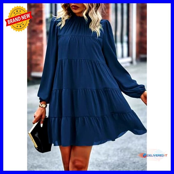 Long Sleeve Babydoll Dress Tiered Ruffle Mock Neck Flowy Swing Mini - Picture 4 of 7